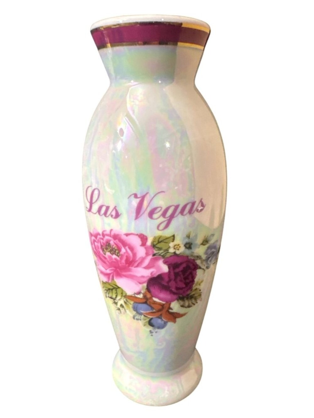 Vintage Las Vegas Souvenir Bud Ceramic Vase Glossy Floral Bouquet Pink Red Decor - Picture 5 of 8
